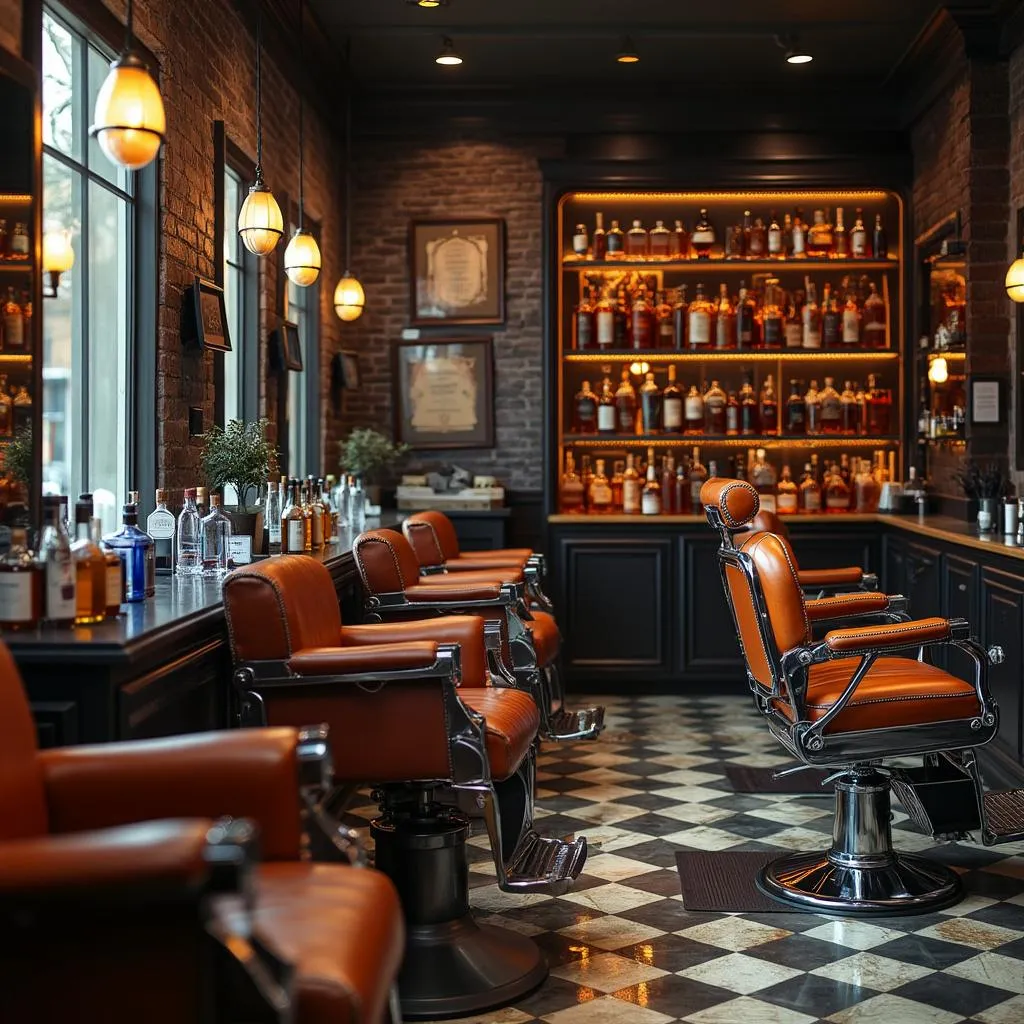 Interior elegante de la barbería El Corte Real con iluminación cálida